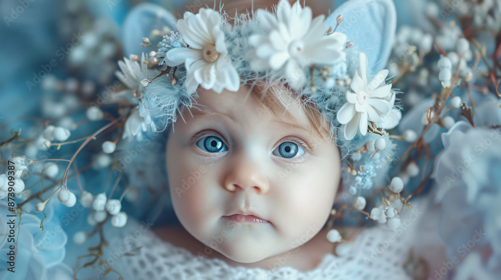 Adorable baby with blue eyes wearing a flower crown, surrounded by soft light and fluffy textures for dreamy nursery vibes. Adorable baby with blue eyes wearing a flower crown, surrounded by soft light and fluffy textures for dreamy nursery vibes.