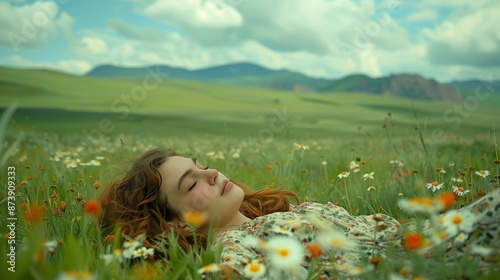 Peaceful woman lying in a meadow surrounded by wildflowers under a cloudy sky, embracing nature and relaxation.