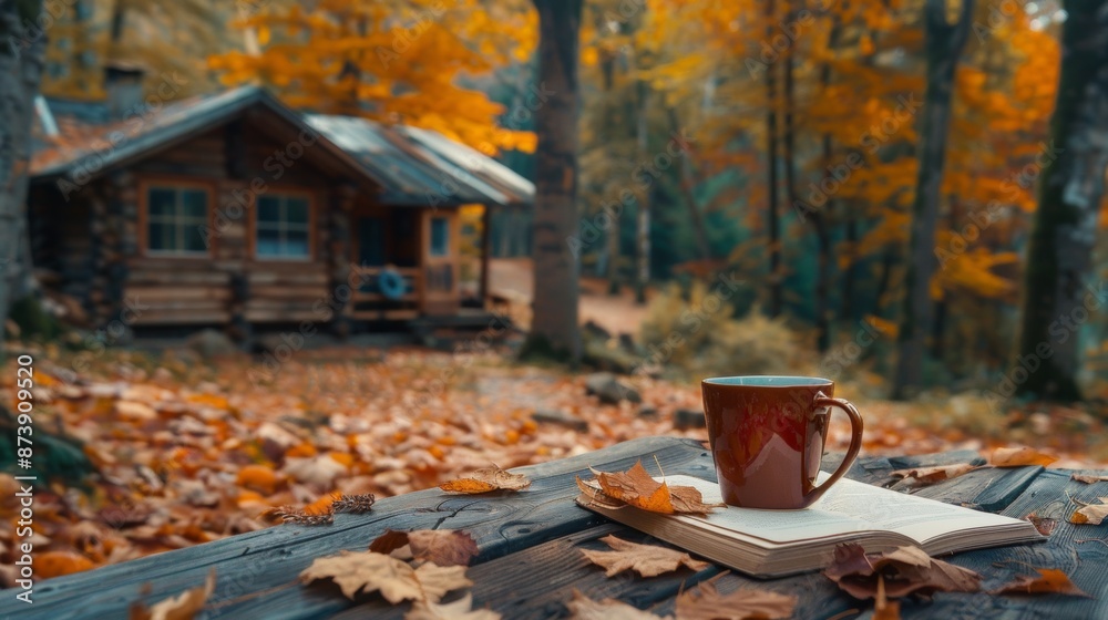 imagine a tranquil autumn retreat in a charming woodland cabin with vibrant foliage, a comforting cup of tea, and a book on exploring the outdoors imagine a tranquil autumn retreat in a charming woodland cabin with vibrant foliage, a comforting cup of tea, and a book on exploring the outdoors