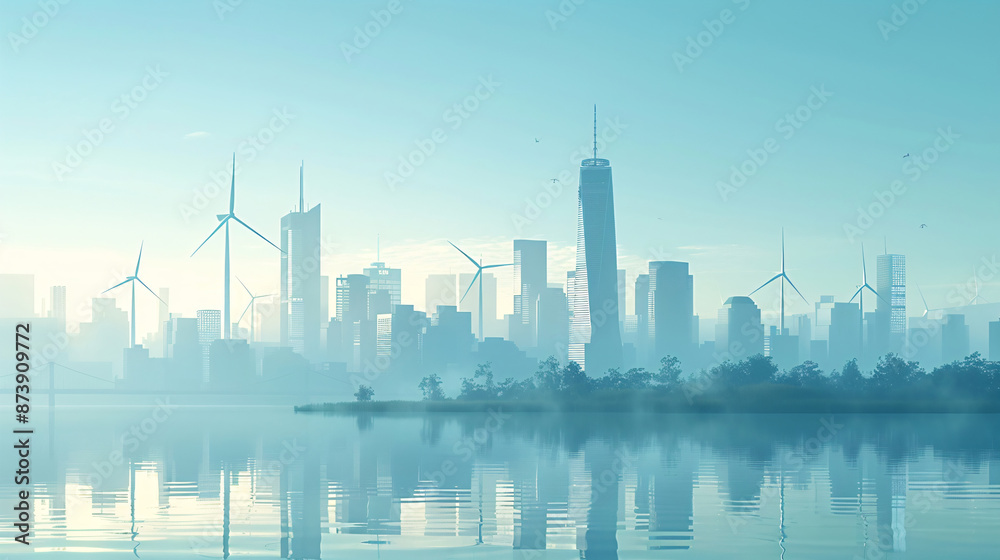 Fototapeta premium City Skyline with Wind Turbines in Foreground