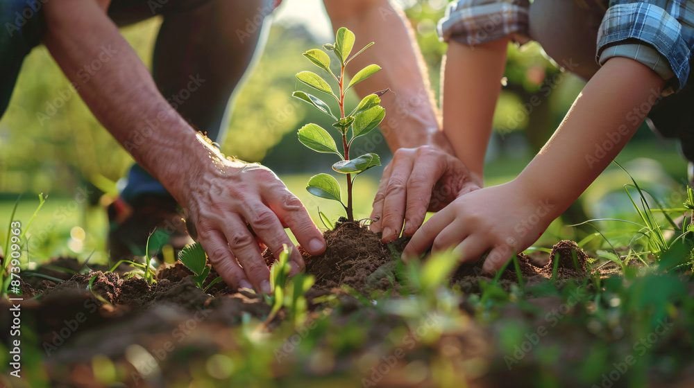 Fototapeta premium Family Planting Trees Together - Community CO2 Reduction