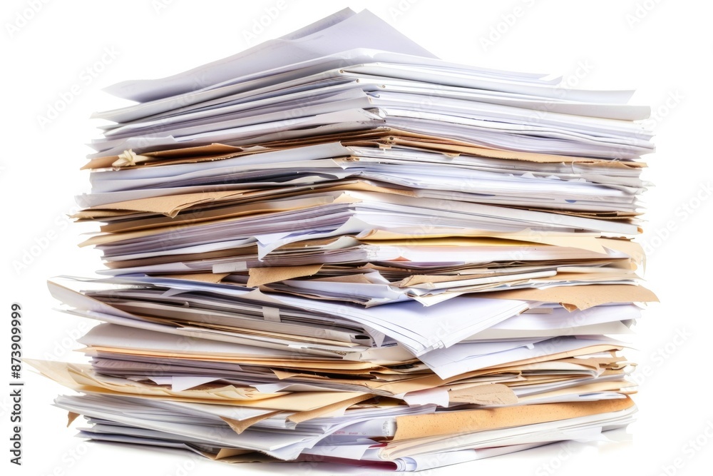 Papers Messy. Isolated Stack of Papers on White Background - High View Papers Messy. Isolated Stack of Papers on White Background - High View