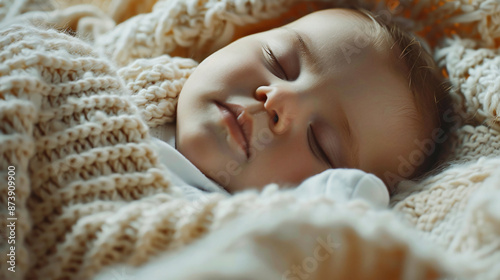 Peaceful sleeping baby wrapped in a cozy knitted blanket, showcasing tranquility and innocence in a serene setting.