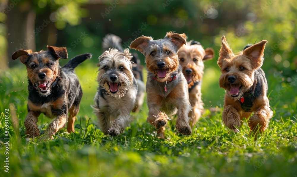 Cute funny dogs group running and playing on green grass in park Cute funny dogs group running and playing on green grass in park