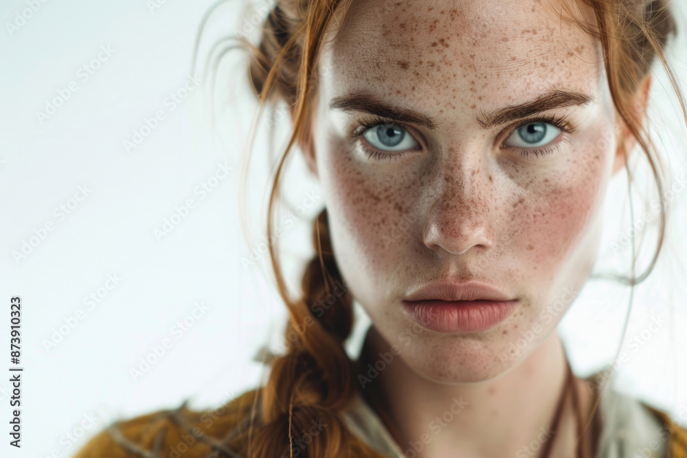 Young Viking woman with fierce gaze, isolated on white background