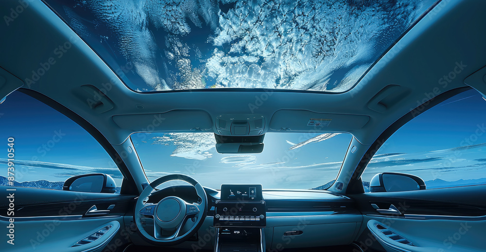 Naklejka premium Inside luxury car interior, panoramic sunroof, dark blue sky. Generative AI.
