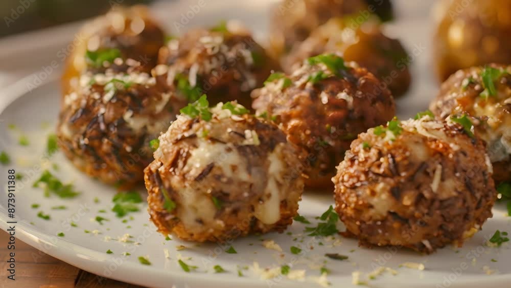A plate of crispy fried wild rice balls stuffed with a flavorful mixture of foraged wild onions and melted cheese. A plate of crispy fried wild rice balls stuffed with a flavorful mixture of foraged wild onions and melted cheese.