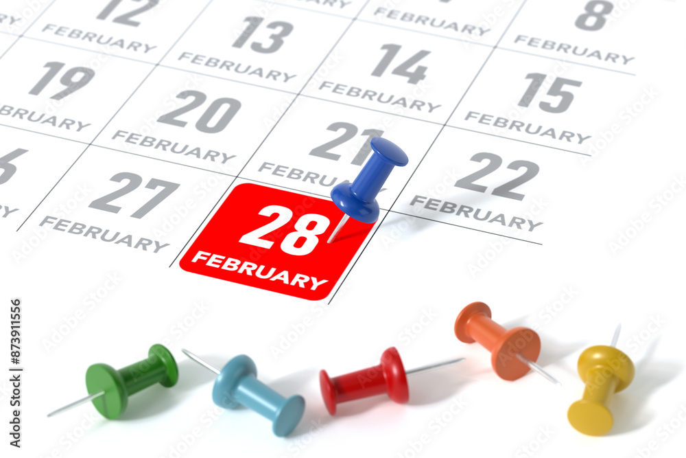 February Calendar with Blue Pushpin. Calendar Concept Using White Background and Simple Composition. 3d Rendering February Calendar with Blue Pushpin. Calendar Concept Using White Background and Simple Composition. 3d Rendering