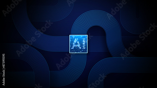 Abstract AI chip on technology blue background. Circuit with flat circle line cables. Artificial intelligence processor, semiconductor with glowing light pixels or glitch elements. Vector illustration