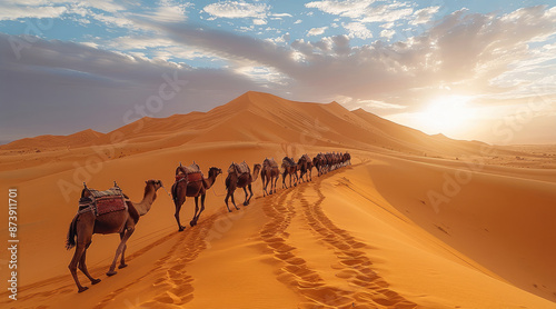 Camel caravan ascending a massive sand dune. Generative AI.