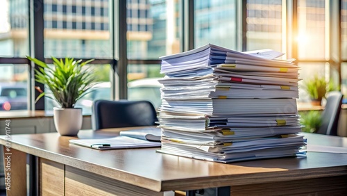 Stack of documents placed on a business desk in a business office.