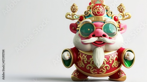 3D Rendering of Festive Chinese God of Wealth in Sunglasses - Ceramic Cartoon Character on White Background