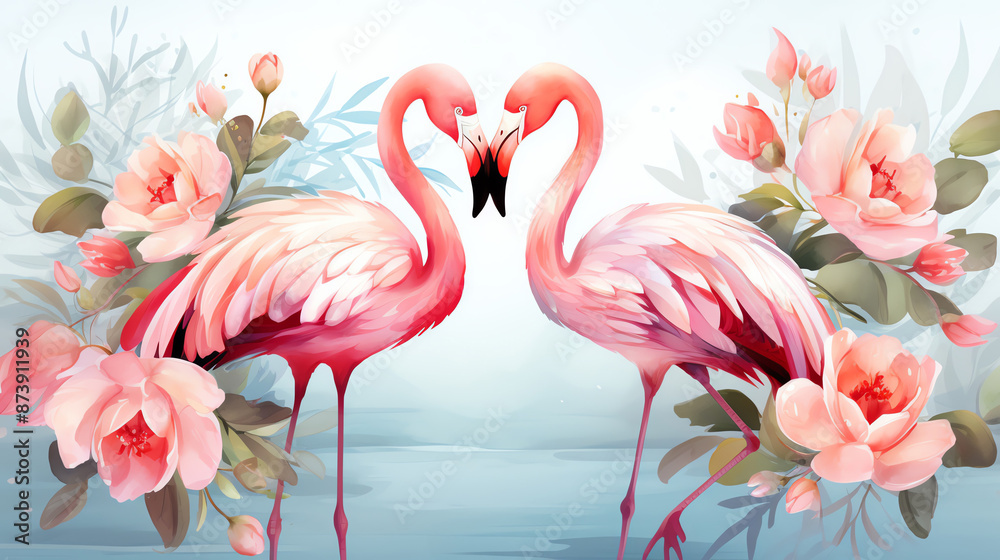 Obraz premium Two pink flamingos standing facing each other surrounded by pink roses and leaves.