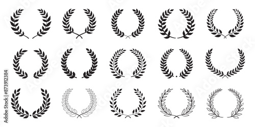 Laurel wreath. Set outline silhouette hand drawn laurel wreaths isolated Doodle floral frames.