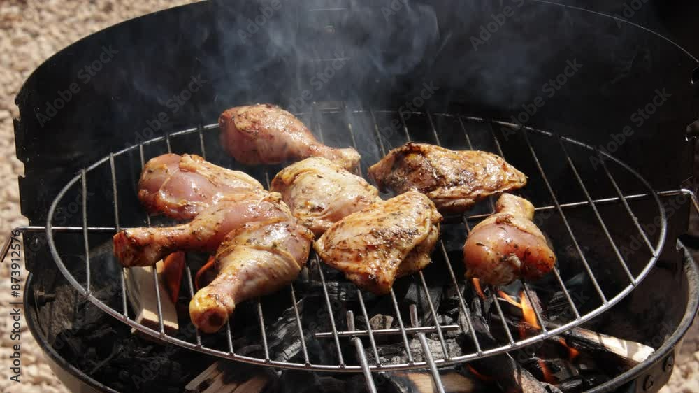 morceaux de poulet, en cuisson, sur un barbecue morceaux de poulet, en cuisson, sur un barbecue