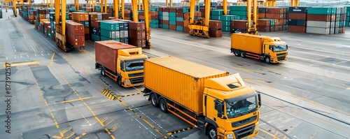 Trucks at a busy port with cargo containers in the background. photo