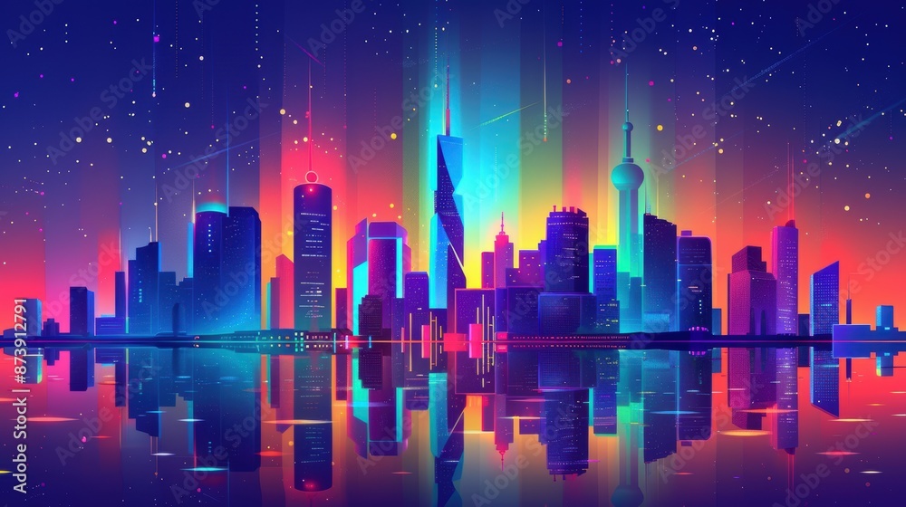 A city skyline is reflected in the water A city skyline is reflected in the water