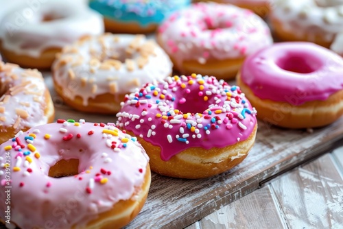 Closeup of delicious glazed donuts with colorful sprinkles on a rustic wooden table © anatolir