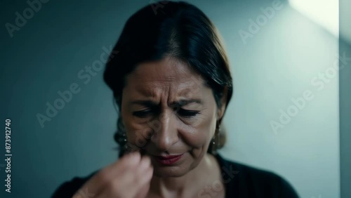 Distressed woman crying in dark room