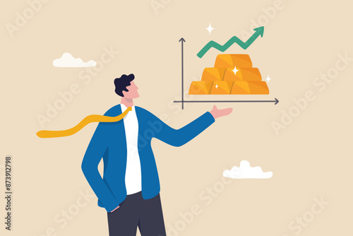 Gold investment, ingot or bullion price rising up, price gain or trading gold to make profit, financial or value increase concept, businessman investor with gold bullion rising up graph and chart.