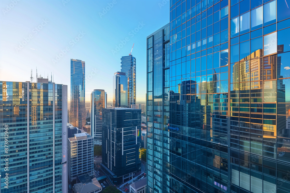 Obraz premium Financial District Skyscrapers Viewed from Above with Clear Blue Skies