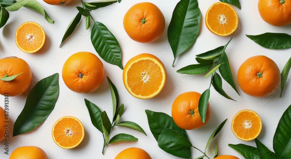 Freshly Cut Oranges and Limes With Green Leaves on White Background Freshly Cut Oranges and Limes With Green Leaves on White Background