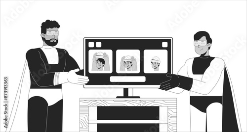 Diverse male superheroes showing hat wearing masterclass online black and white line illustration. Helping men at computer 2D characters monochrome background. Lifestyle outline scene vector image