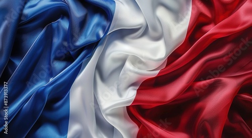 Olympic rings on top of abstract digital background or texture design of french flag colors, France national country symbol illustration wavy silk fabric background