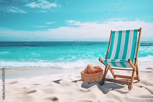 Straw bag and hat on the beach with blue sea and sky background. Beach scene with turquoise water, nice ocean waves, and colorful beach accessories.