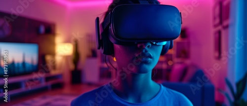 Virtual reality gaming, teenager immersed in VR headset in modern living room © Onchira