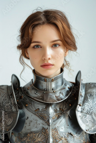 Portrait of a beautiful young medieval lady knight in full armor on a white background photo