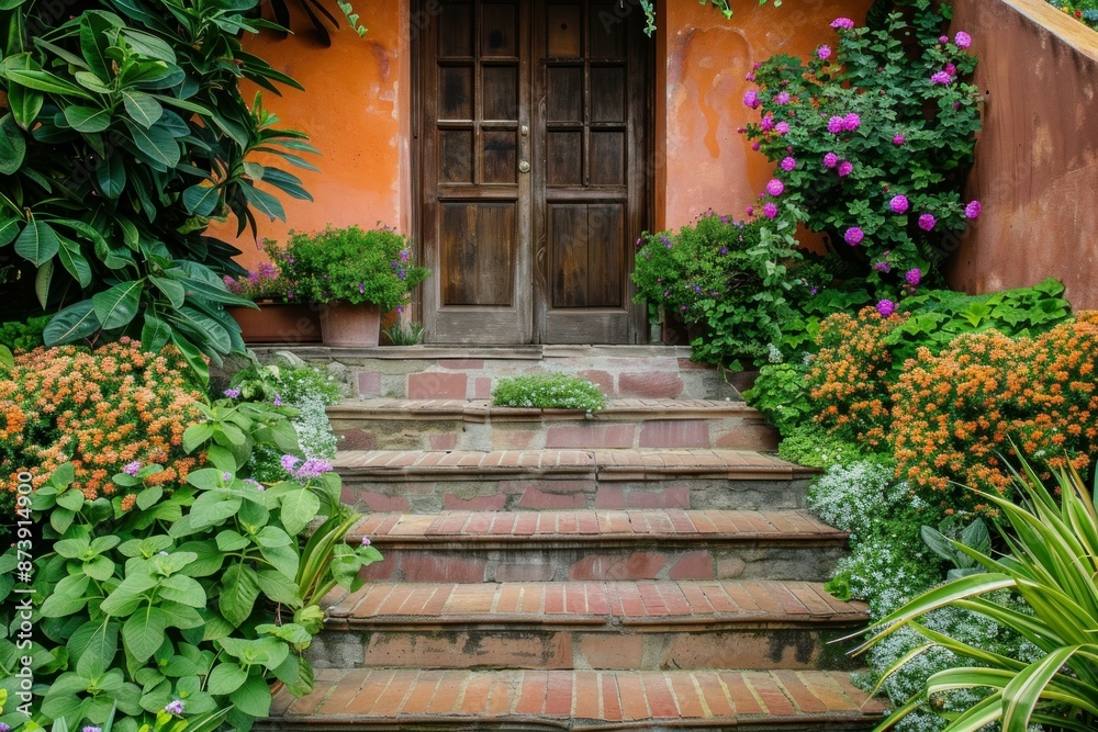 Fototapeta premium Cozy, colorful home entry with wooden door, brick steps, and vibrant garden