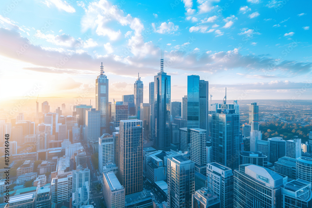 Obraz premium Skyline of Urban Financial District Under Blue Skies