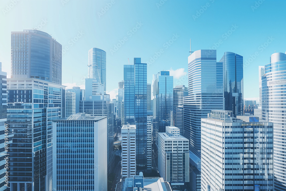 Obraz premium Skyline of Urban Financial District Under Blue Skies
