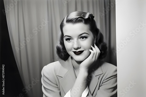 a portrait image of a stylish young woman from the 1940s, beautiful, vintage, antique, retro, old, Glamorous, Classic, Elegant, Timeless, Chic, Graceful, Nostalgic, Sophisticated, Historical, Fashion