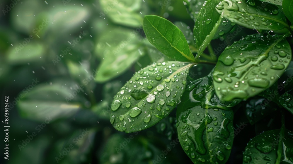 Rain on green leaves close-up Rain on green leaves close-up