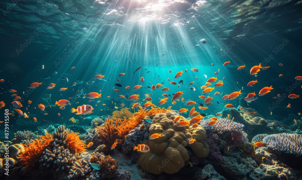 Obraz premium underwater paradise with coral reefs teeming with colorful fish, sunbeams piercing through the water