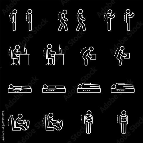 Good posture, white line icons. Correct ergonomic human poses. Essential for health and wellness themes. Symbols on black background. Editable stroke.