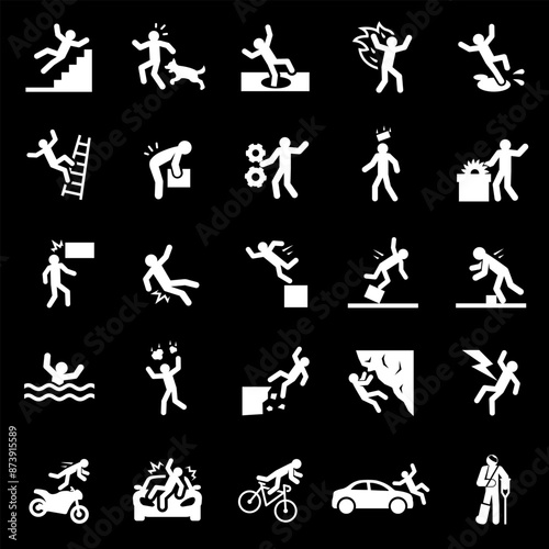 Accident, white icons. Falls, blows, car accidents, and work injuries. Symbols on black background