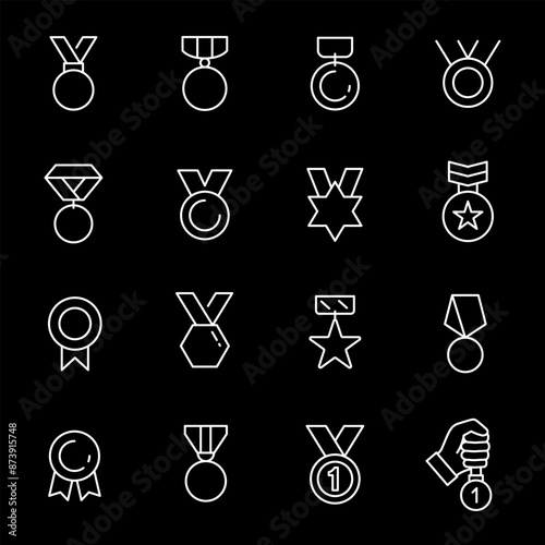 Medals, white line icons. Award medals with ribbons. achievement and recognition themes. Symbols on black background. Editable stroke.
