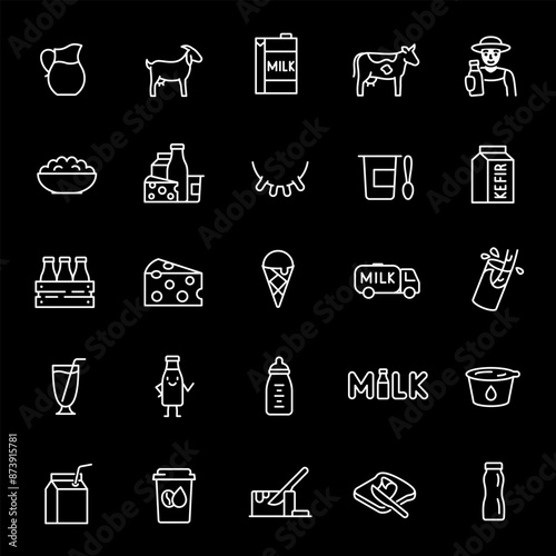 Milk and dairy products, white line icons. Icons for milk, cream, butter, cheese, and yogurt. Essential for culinary and nutrition themes. Symbols on black background. Editable stroke.
