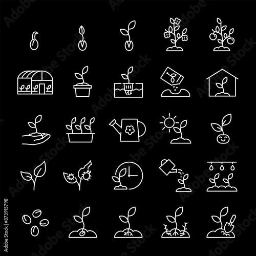 Growing plants, white line icons. Sprouts, greenhouse, and hydroponic systems. Essential for gardening and agricultural themes. Symbols on black background. Editable stroke.