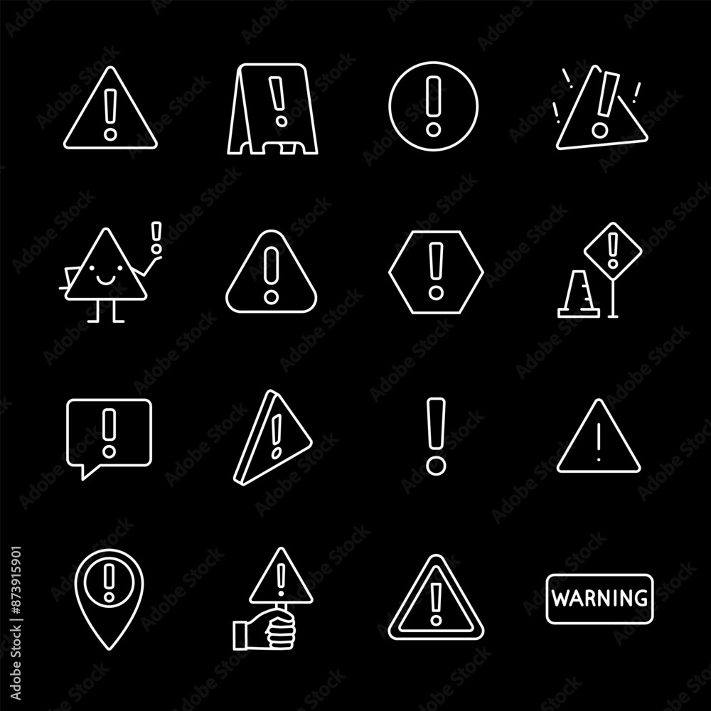 Warning signs, white line icons. Attention and hazard symbols. safety and industrial themes. Symbols on black background. Editable stroke. Warning signs, white line icons. Attention and hazard symbols. safety and industrial themes. Symbols on black background. Editable stroke.