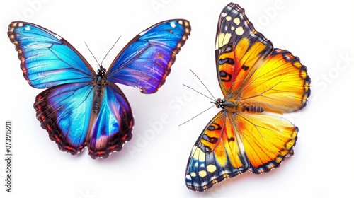 Set of Two Colorful Tropical Butterflies in Flight, Macro Close-Up, Isolated on White Background © Studios