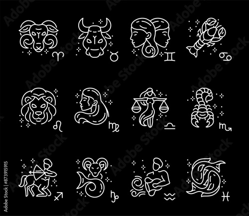 Zodiac signs, white line icons. Horoscope symbols Aries, Taurus, Gemini, Cancer, Leo, Virgo, Libra, Scorpio, etc. Ideal for astrological and spiritual themes. black background. Editable stroke.