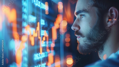 A man looks intently at a screen displaying data and graphs, possibly related to finance or technology. The image evokes a sense of focus and determination.