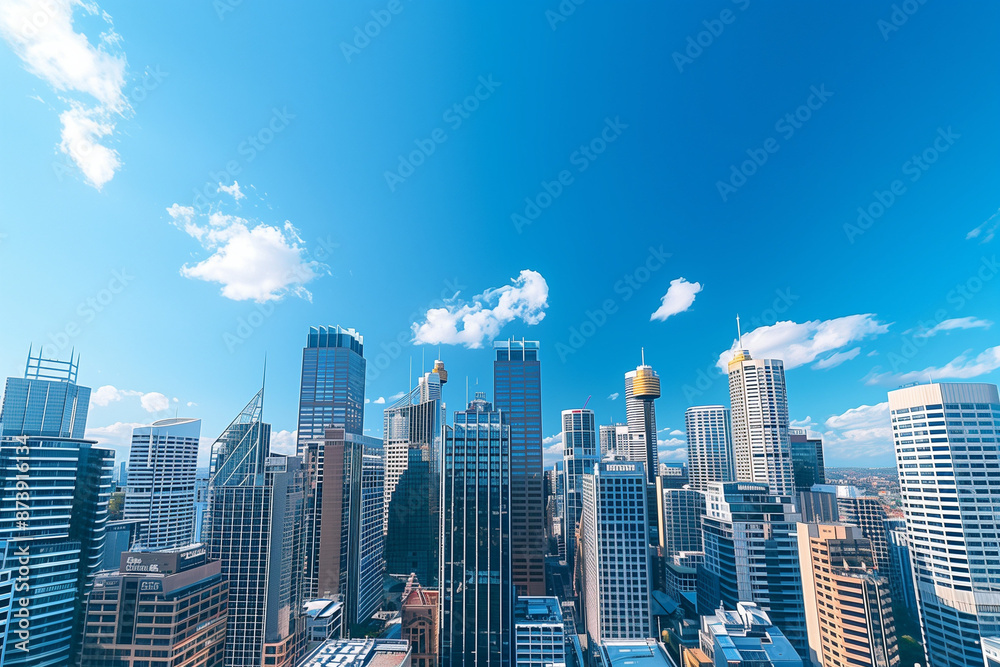 Fototapeta premium Skyline of Urban Financial District Under Blue Skies