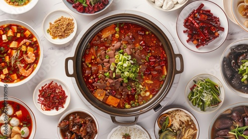 Sichuan Hot Pot Top View on White Background