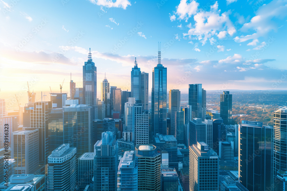 Fototapeta premium Skyline of Urban Financial District Under Blue Skies