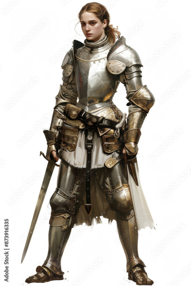 Young medieval lady knight in shining armor, poised against a white background Young medieval lady knight in shining armor, poised against a white background